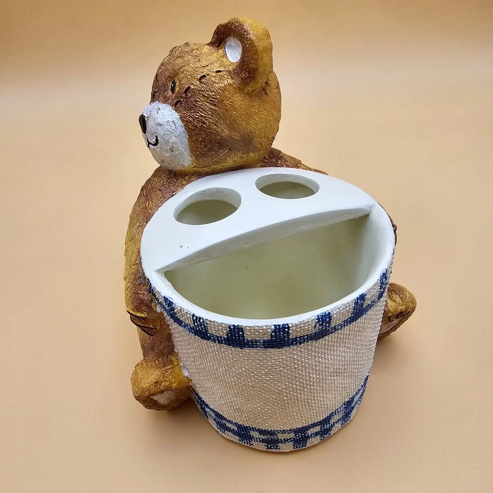 Adorable Cuddle Bear Toothbrush Holder Blue White Check Teddy Bathroom Organizer